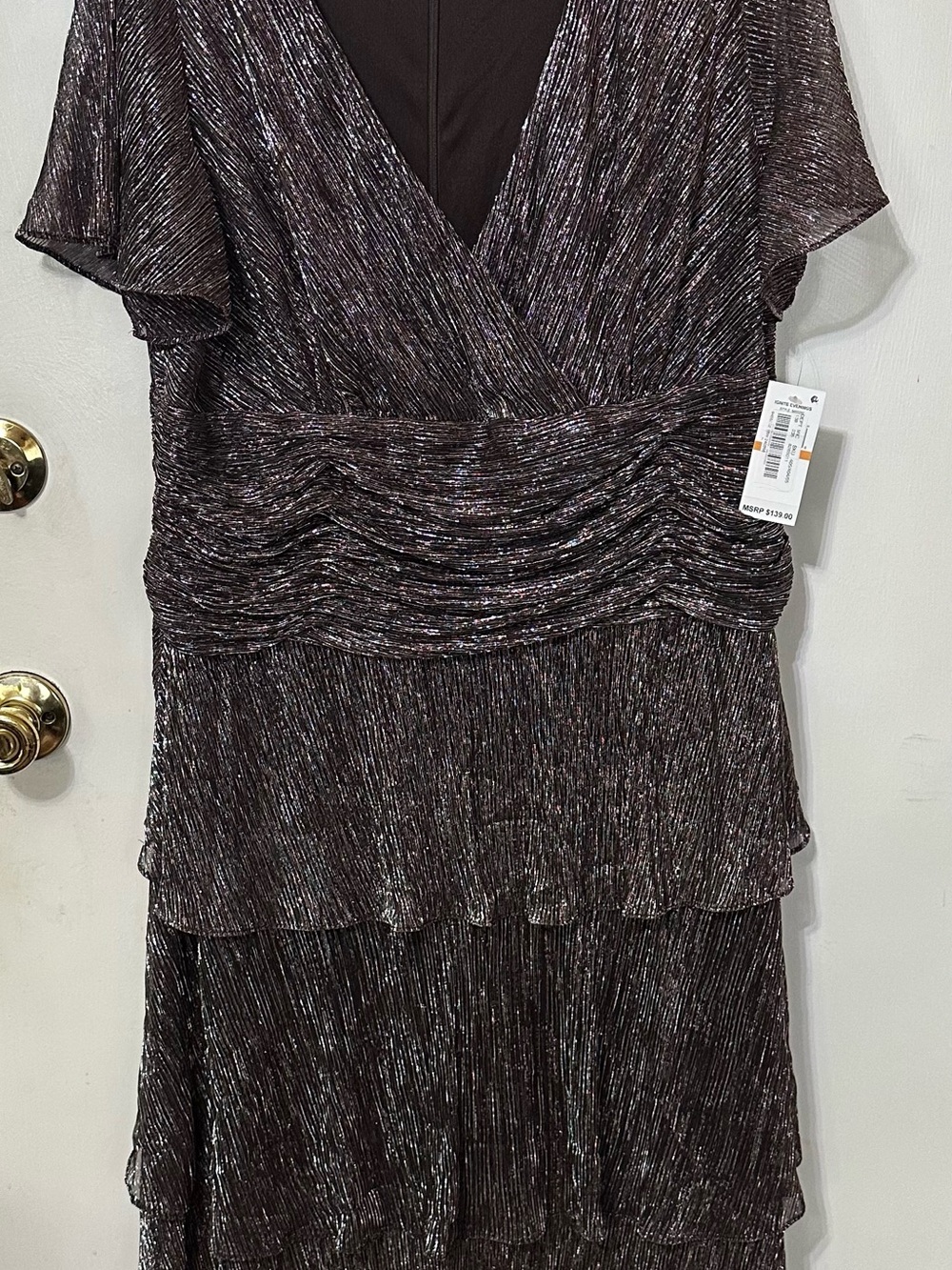 Ignite Evenings Shimmery Black V-Neck Tiered Evening Dress
